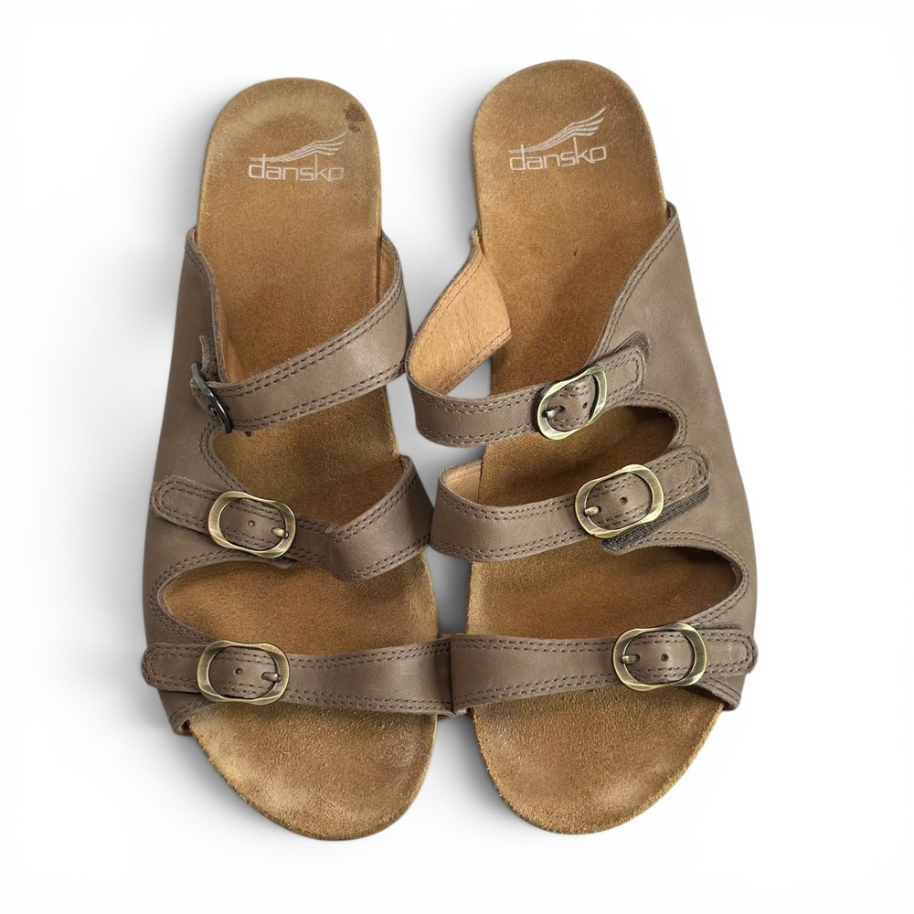 Dansko Sandals Women 11 EU 41 Taupe Leather Wedge Buckle Comfort Slide Shoes